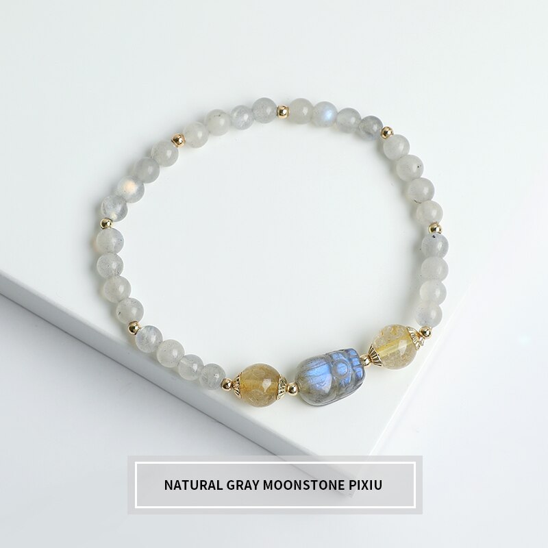 JD Romantic Natural Strawberry Quartz Gray Moonstone Tourmaline Pixiu Bracelets Women Tiny Round Beads Lovely Strand Wristband