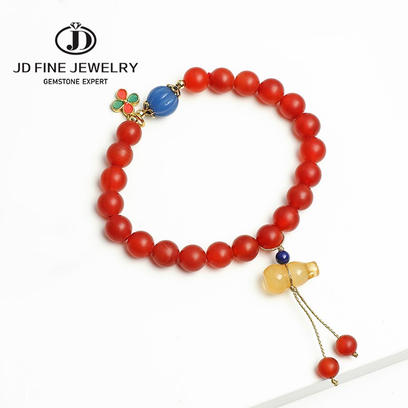 JD Ethnic 8mm Natural Frost Red Agate Beads Gourd Statue Jade Pendant Strand Bracelets for Women Fashion Jewelry Handmade
