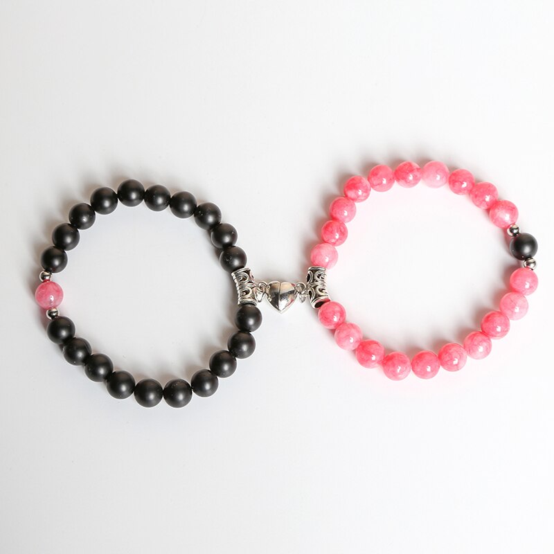 JD 8MM Natural Matte Black Jasper Pink Chalcedony Magnet Heart Shaped Couple Bracelet Distance Stone Bracelet Jewelry Gifts