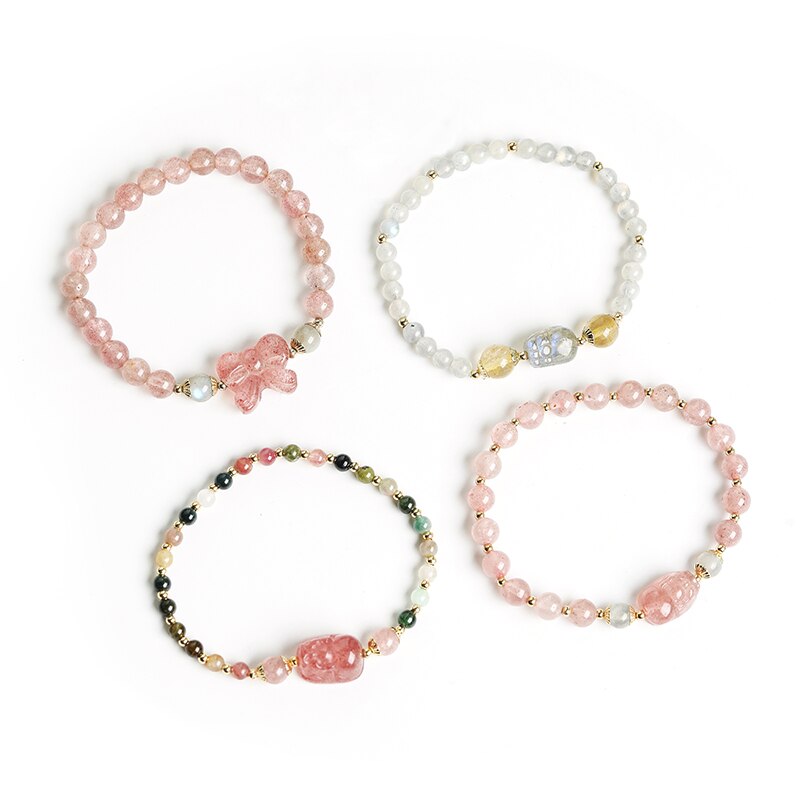 JD Romantic Natural Strawberry Quartz Gray Moonstone Tourmaline Pixiu Bracelets Women Tiny Round Beads Lovely Strand Wristband