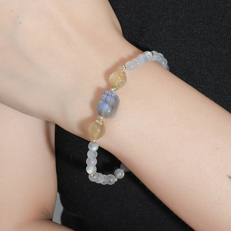 JD Romantic Natural Strawberry Quartz Gray Moonstone Tourmaline Pixiu Bracelets Women Tiny Round Beads Lovely Strand Wristband