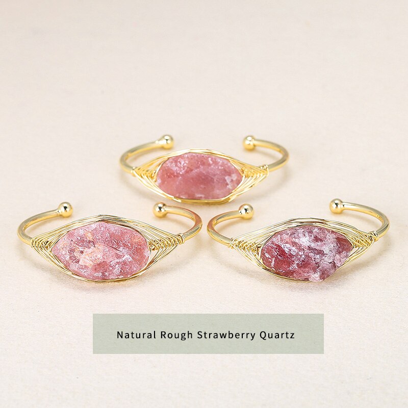 JD Natural Crystal Raw Stone Pink Quartz Fluorite Open Cuff Bracelet Women Gold Color Wire Wrap Bangles Healing Jewelry Gifts