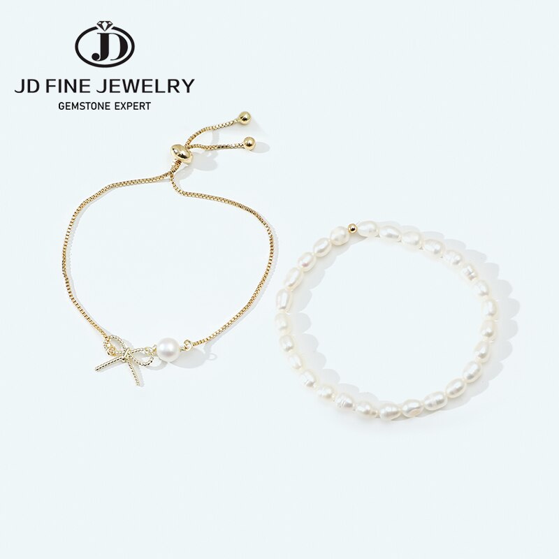 JD Natural Baroque Freshwater Pearl Double Layers Bracelet Cute Bow & Gold Plated Adjustable Box Chain Jewelry