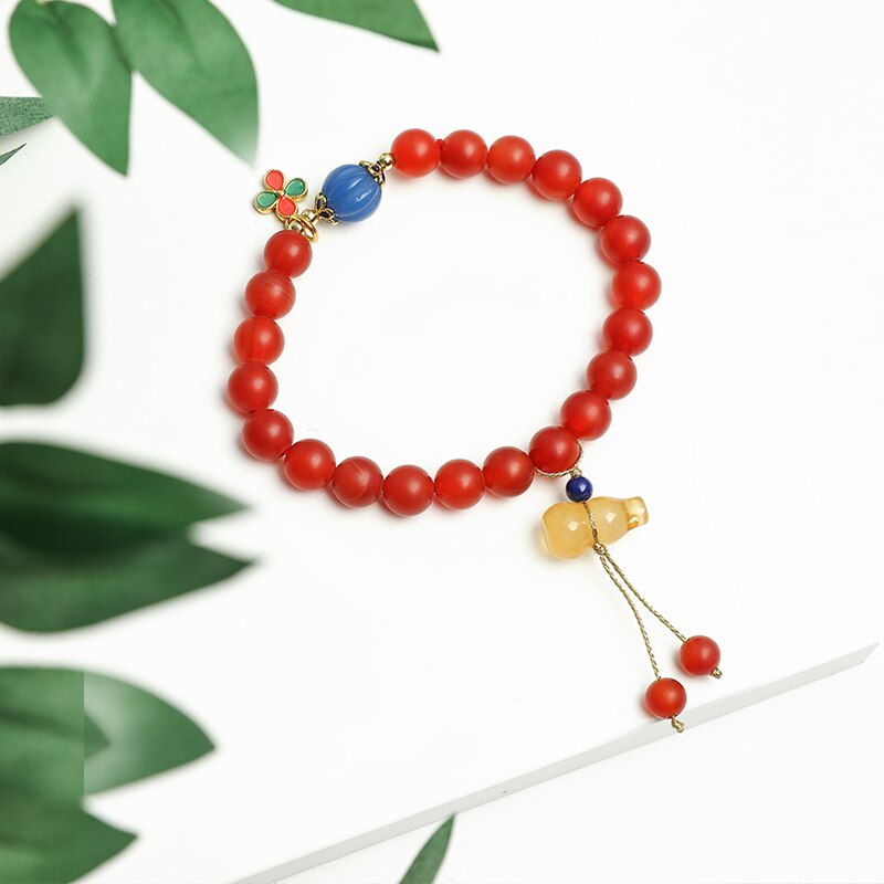 JD Ethnic 8mm Natural Frost Red Agate Beads Gourd Statue Jade Pendant Strand Bracelets for Women Fashion Jewelry Handmade