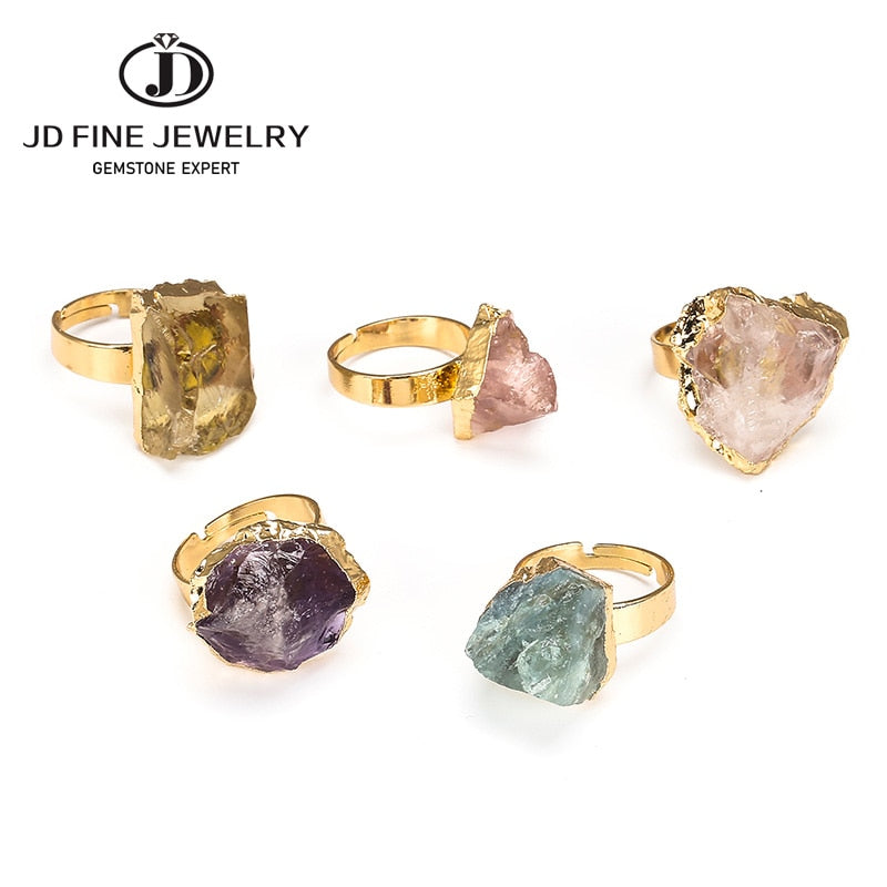 JD Purple Quartz Adjustable Ring Irregular Natural Rough Stone Crystal Druse Jewellery Women No Finger Size Limited Gold Color