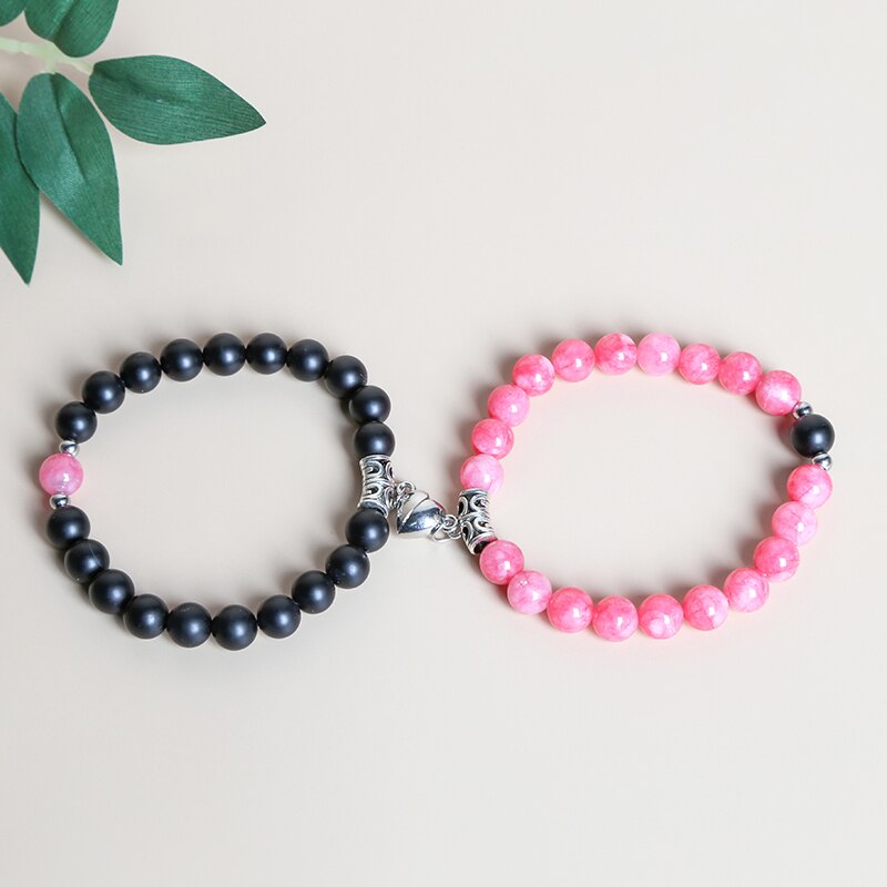 JD 8MM Natural Matte Black Jasper Pink Chalcedony Magnet Heart Shaped Couple Bracelet Distance Stone Bracelet Jewelry Gifts