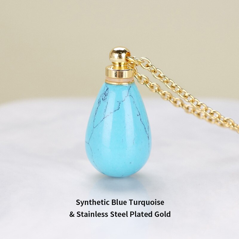 JD Natural Red Jasper Small Perfume Bottle Pendant Necklace Women Colorful Water Drop Essential Oil Bottle Charms Chain Choker