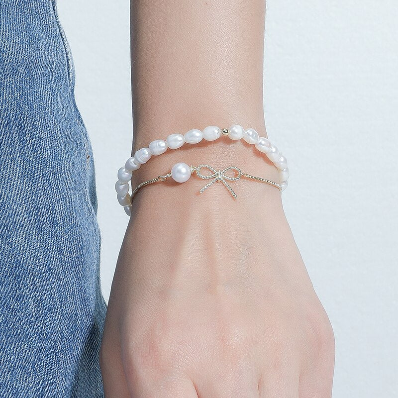 JD Natural Baroque Freshwater Pearl Double Layers Bracelet Cute Bow & Gold Plated Adjustable Box Chain Jewelry