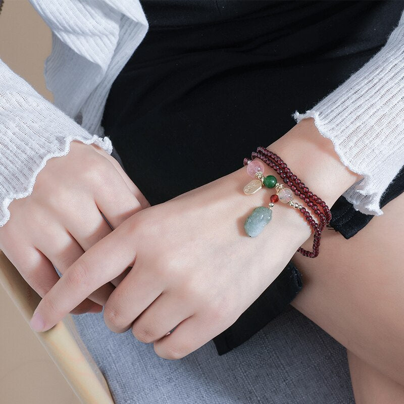 JD 3mm Wine Red Natural Garnet Bracelet Green Jade Pixiu Charm Pendant Bracelets Fashion Jewelry Gifts For Mother Wholesale