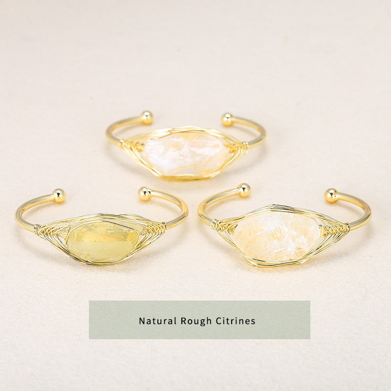 JD Natural Crystal Raw Stone Pink Quartz Fluorite Open Cuff Bracelet Women Gold Color Wire Wrap Bangles Healing Jewelry Gifts