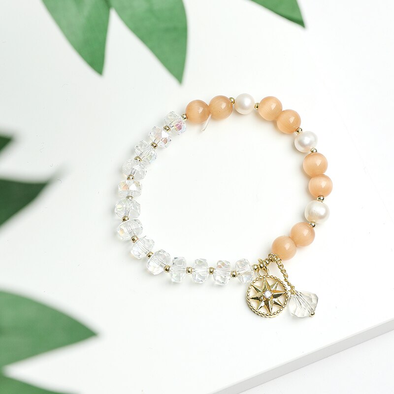 JD Hand Made Jewelry Exquisite Chalcedony Cat Eyes Stone Crystal Beads Bracelet Flower Star Design Pendant Bracelet For Girl