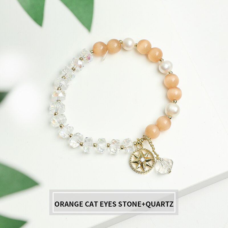 JD Hand Made Jewelry Exquisite Chalcedony Cat Eyes Stone Crystal Beads Bracelet Flower Star Design Pendant Bracelet For Girl