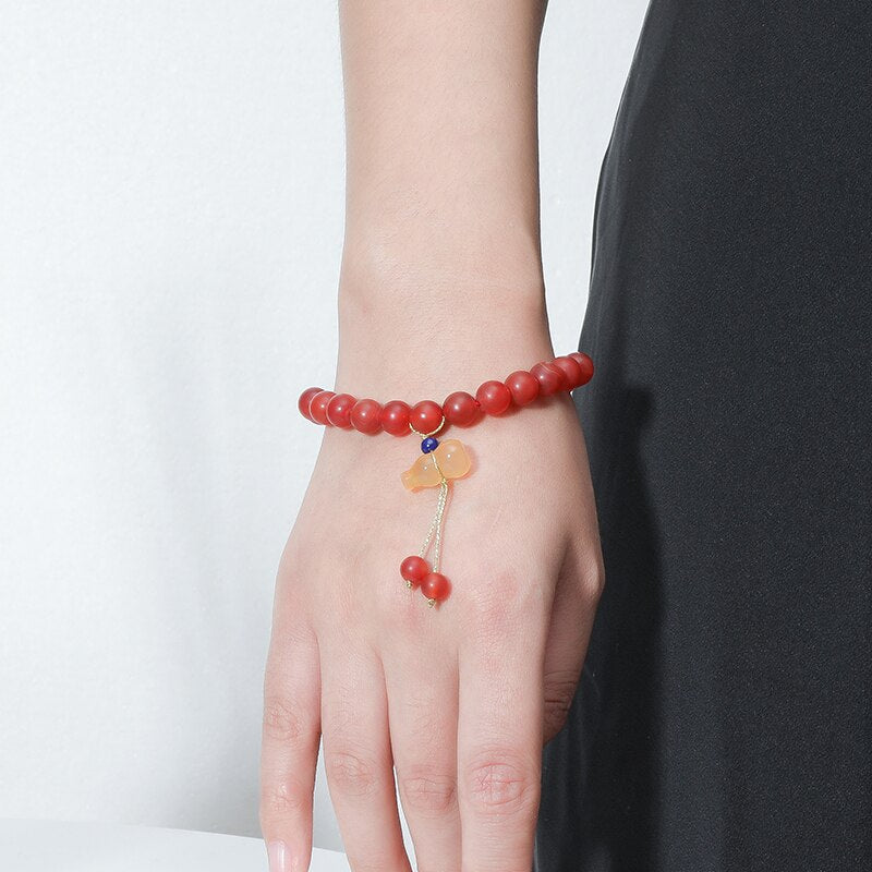 JD Ethnic 8mm Natural Frost Red Agate Beads Gourd Statue Jade Pendant Strand Bracelets for Women Fashion Jewelry Handmade