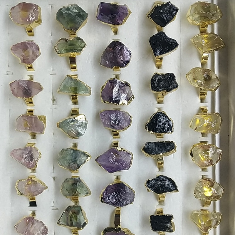 JD Purple Quartz Adjustable Ring Irregular Natural Rough Stone Crystal Druse Jewellery Women No Finger Size Limited Gold Color