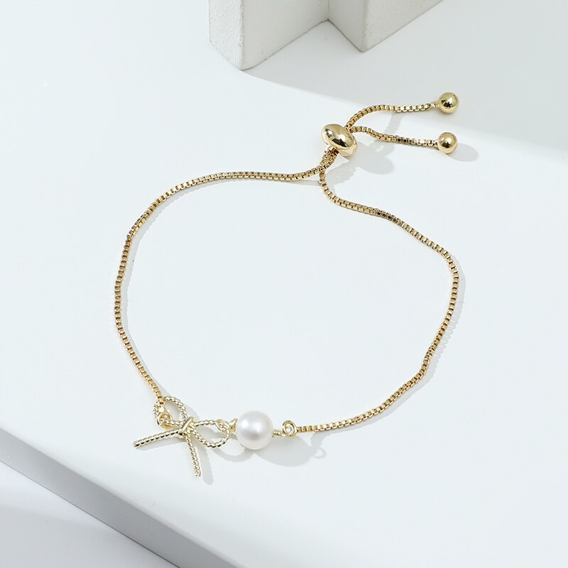 JD Natural Baroque Freshwater Pearl Double Layers Bracelet Cute Bow & Gold Plated Adjustable Box Chain Jewelry