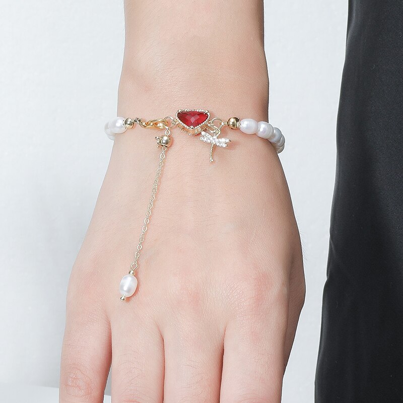 JD Natural Rice Pearl Beads Bracelets Red Heart Crystal Bracelet Women Dragonfly Charm Pendant Adjustable Copper Chain Jewelry