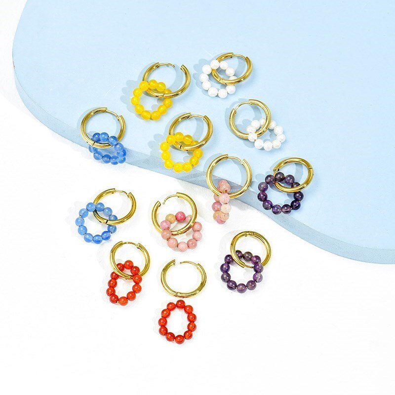 Change Better Trendy Jewelry Natural Stone Small Beads Hoop Earrings Women Colorful Gemstone Elegant Gold Color Stud Earrings