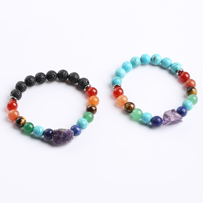 JD Amethyst Rough 7 Chakra Natural Beads Stone Reiki Healing Bracelet Man Women Lava Turquoise Combined Bangles Yoga Jewelry