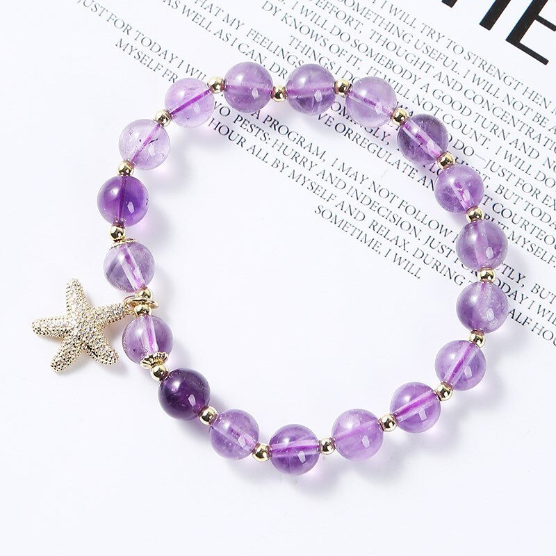 JD Natural Amethysts Starfish Bracelet Women Girls Charm Stone Beads Crystal Healing Puprle Jewelry Handmade Bangles For Gift