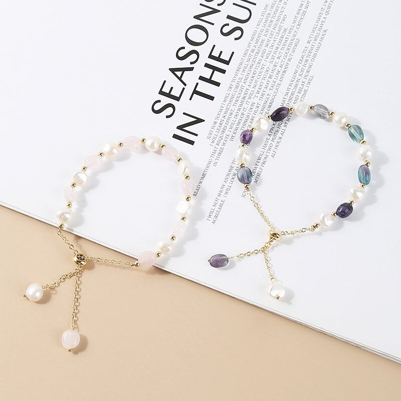 JD Irregular Natural Amethysts Pearl Pendant Bracelet Women Sweet Green Aventurine Gold Color Adjustable Charm Bangles Jewelry