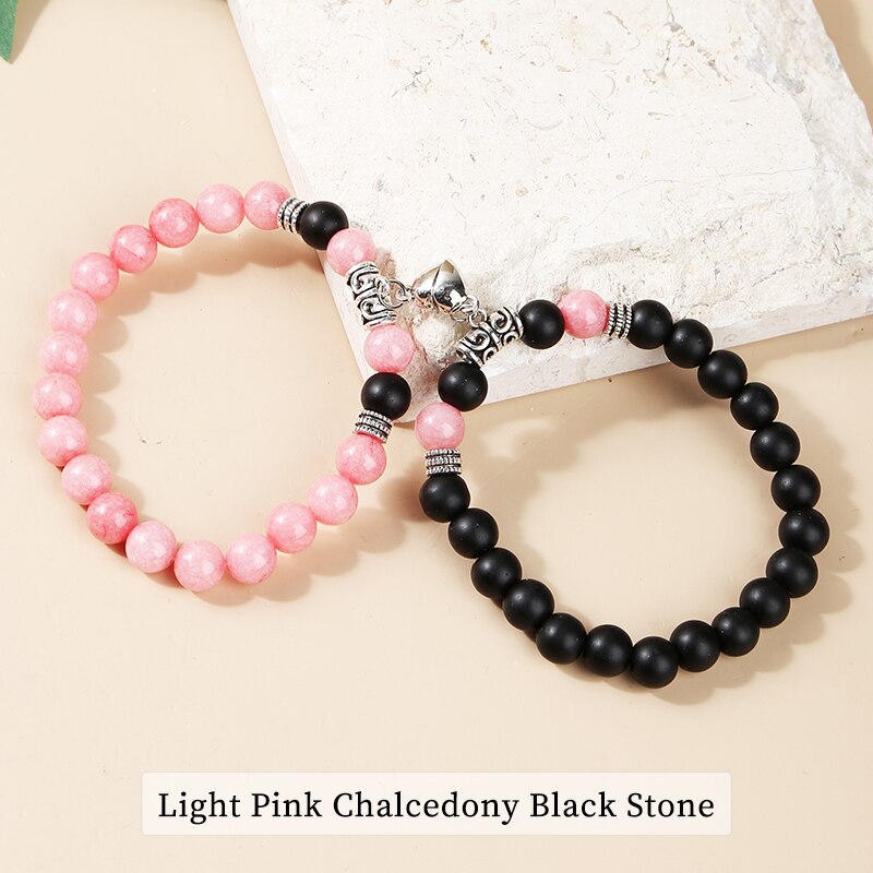 JD 8MM Natural Matte Black Jasper Pink Chalcedony Magnet Heart Shaped Couple Bracelet Distance Stone Bracelet Jewelry Gifts