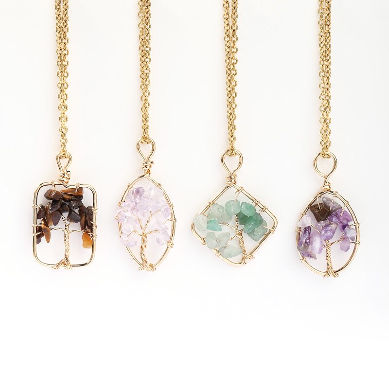 JD Natural Crystal Gravel Beads Tree of Lift Pendant Necklace Reiki Healing Amethysts Chip Stone Braided copper wire Jewelry