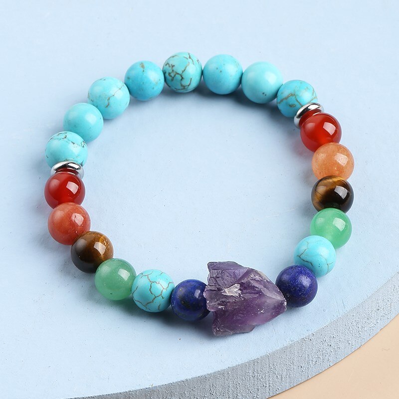 JD Amethyst Rough 7 Chakra Natural Beads Stone Reiki Healing Bracelet Man Women Lava Turquoise Combined Bangles Yoga Jewelry