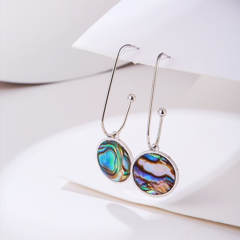 CHANGE BETTER Natural Abalone Shell Pattern Round Drop Earrings Women Vintage Stainless Steel Hook Ear Studs Jewelry Girls Gift