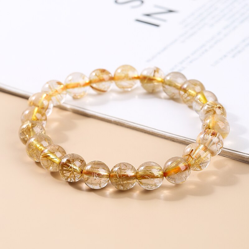 JD Natural Ice Gold Color Rutilated Quartz Bead Bracelet Women Fashion Reiki Healing Crystal Clear Bead Strand Bangles Gifts