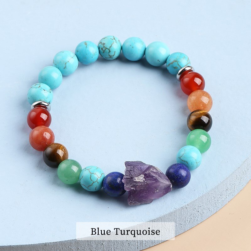 JD Amethyst Rough 7 Chakra Natural Beads Stone Reiki Healing Bracelet Man Women Lava Turquoise Combined Bangles Yoga Jewelry