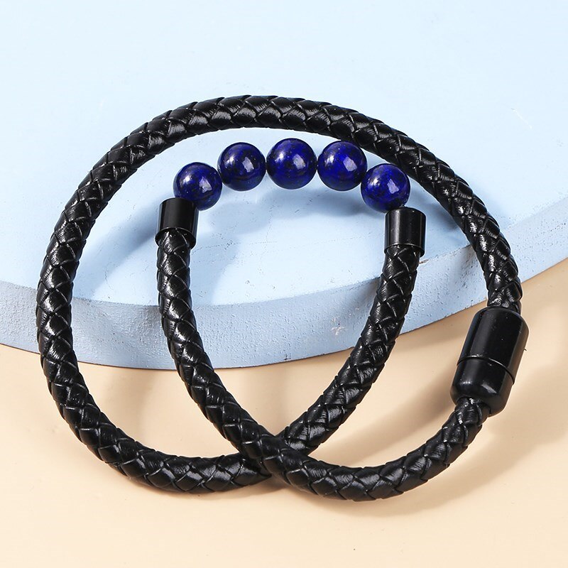 Change Better Layered Leather Bracelets For Men Braided Black Leather Bangles With Natural Lapis Lazuli Beads Casual Wristband