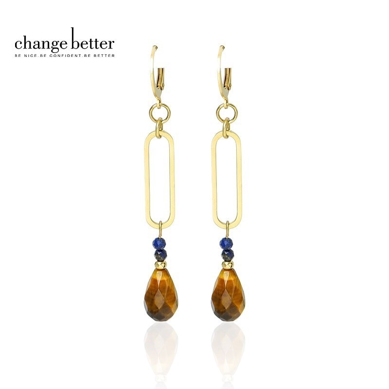 Change Better Natural Tiger Eye Faceted Water Drop Earring Women Gold Color Stainless Steel Dangle Ear Stud For Party Gifts
