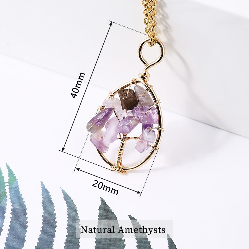 JD Natural Crystal Gravel Beads Tree of Lift Pendant Necklace Reiki Healing Amethysts Chip Stone Braided copper wire Jewelry
