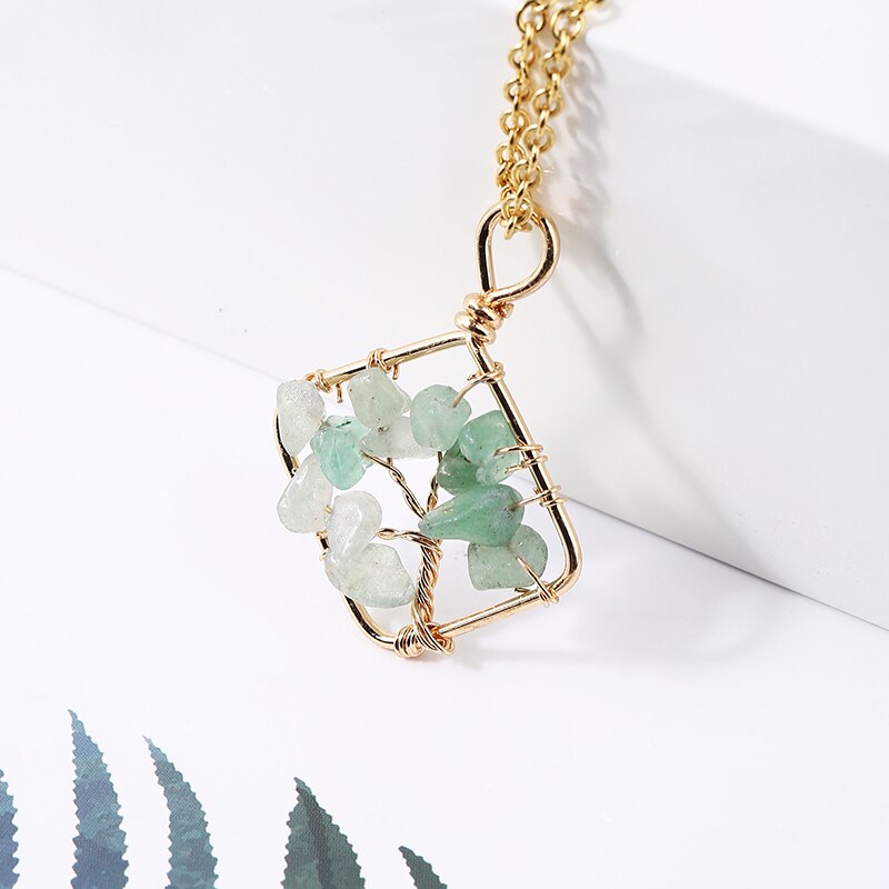 JD Natural Crystal Gravel Beads Tree of Lift Pendant Necklace Reiki Healing Amethysts Chip Stone Braided copper wire Jewelry
