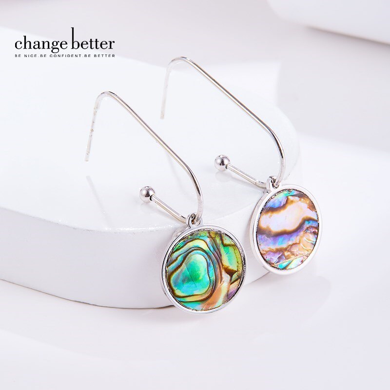 CHANGE BETTER Natural Abalone Shell Pattern Round Drop Earrings Women Vintage Stainless Steel Hook Ear Studs Jewelry Girls Gift