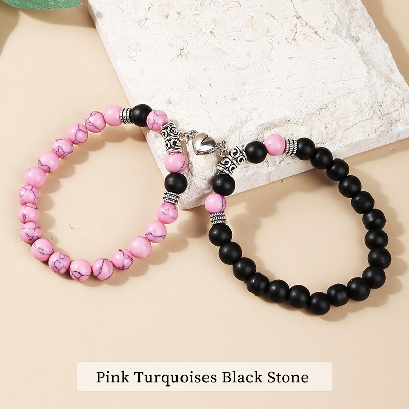 JD 8MM Natural Matte Black Jasper Pink Chalcedony Magnet Heart Shaped Couple Bracelet Distance Stone Bracelet Jewelry Gifts