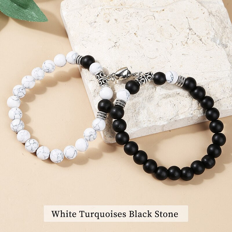 JD 8MM Natural Matte Black Jasper Pink Chalcedony Magnet Heart Shaped Couple Bracelet Distance Stone Bracelet Jewelry Gifts