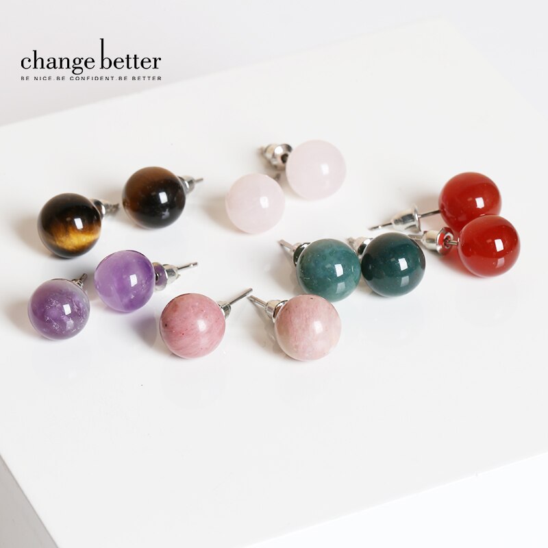 CHANGE BETTER Natural Stone Amethyst Tiger Eye Agate Round Beads Earring Women Fashion Stainless Steel Ear Studs For Girls Gift