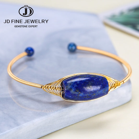 JD Natural Stone Blue Lapis Lazuli Bangle Bracelet Vintage Good Quality Handmade Gold Color Wire Open Cuff Bangles For Women