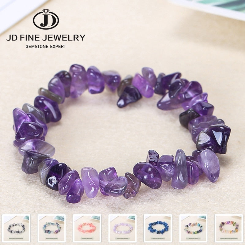 JD Natural Crystal Amethysts Chip Beads Bracelet Irregular Gravel Quartz Bangles Healing Charm Gifts for Women Men Wrist Jewelry