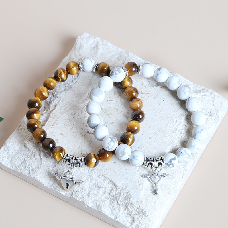 JD 2pcs/set Natural White Turquoise Yellow Tiger Eye Stone Heart Key Couple Matching Bracelets Lovers Jewelry