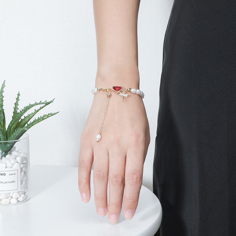 JD Natural Rice Pearl Beads Bracelets Red Heart Crystal Bracelet  Women Dragonfly Charm Pendant Adjustable Copper Chain Jewelry