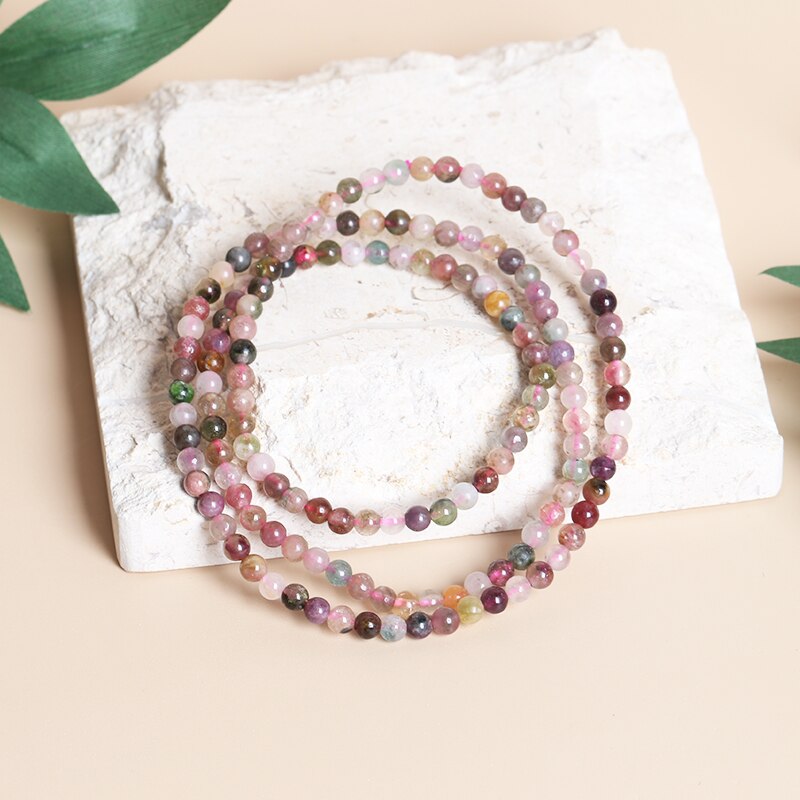 JD Natural Tourmaline Colorful Beads Bracelet Women Fashion 4mm Stone Rainbow Three Circle Energy Balance Wristband Jewelry