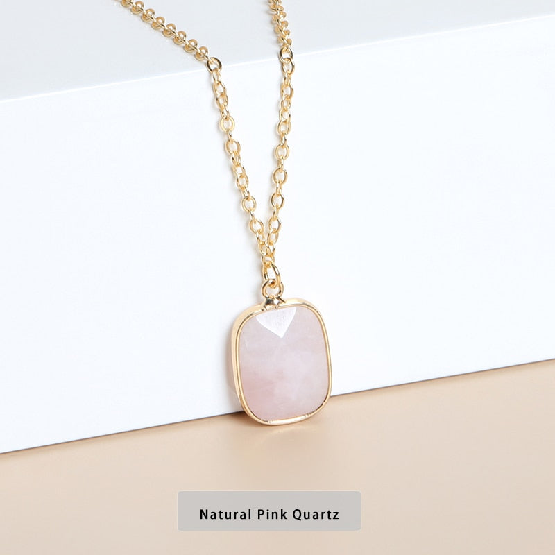 JD Natural Pink Quartz Faceted Square Shape Pendant Necklace For Women Gold Color Chain Crystal Energy Choker Grils Jewelry Gift