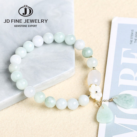 JD Natural Jade Emerald Beads Bracelet Elastic Bangle Charm Jewelry Yoga Water Drop Shell Flower Pendant Bracelet Woman