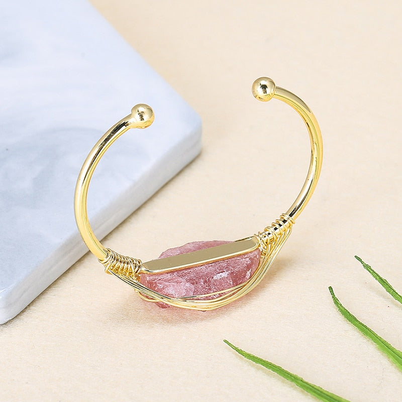 JD Natural Crystal Raw Stone Pink Quartz Fluorite Open Cuff Bracelet Women Gold Color Wire Wrap Bangles Healing Jewelry Gifts