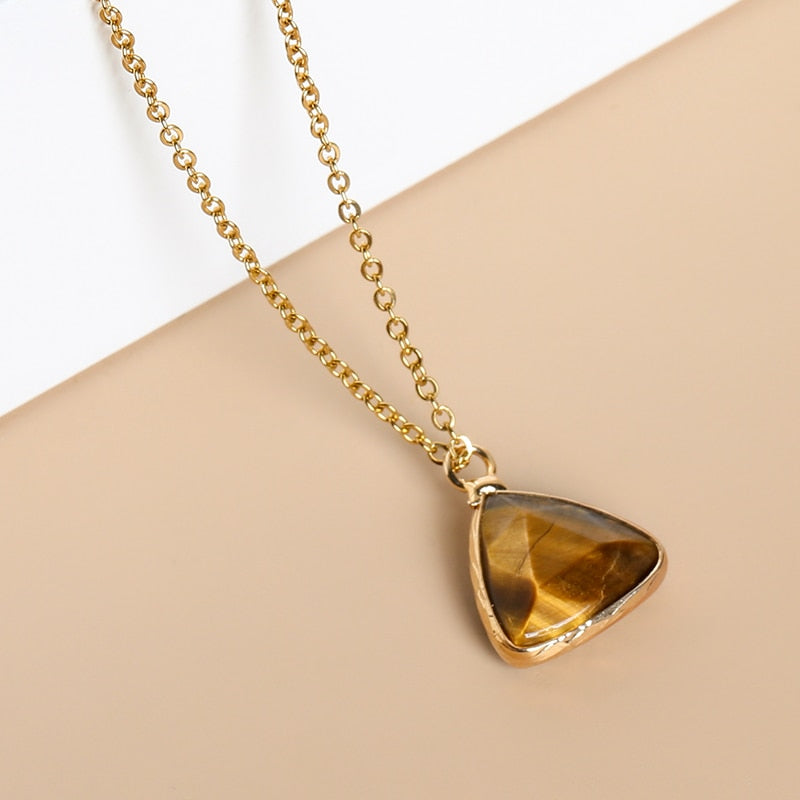 JD Natural Stone Pink Quartz Amethyst Triangle Faceted Pendant Necklace Women Simple Gold Color Stainless Steel Chain Choker