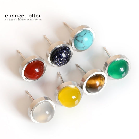 CHANGE BETTER Handmade Lovely 10mm Natural Stone Stud Earrings Stainless Steel Earrings Tiger Eyes Agate Women Jewelry OLstyle