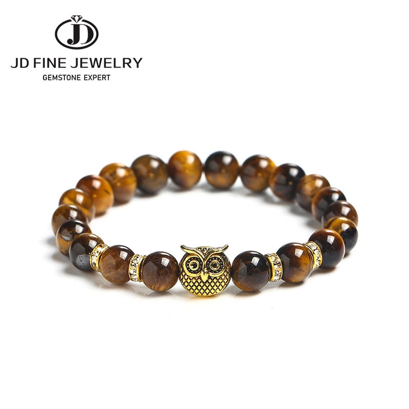 JD Natural Stone Yellow Tiger Eye Beaded Bracelet Men Women Gold Color Owl Energy Yoga Elastic Buddha Bangles Charm Jewelry Gift