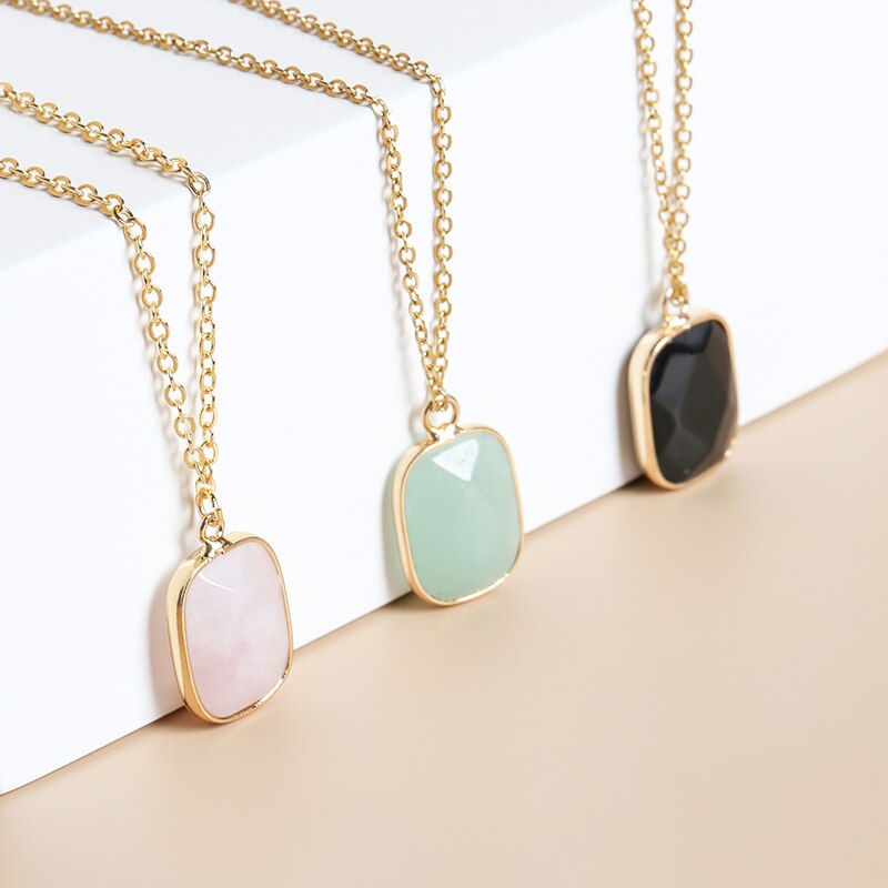 JD Natural Pink Quartz Faceted Square Shape Pendant Necklace For Women Gold Color Chain Crystal Energy Choker Grils Jewelry Gift